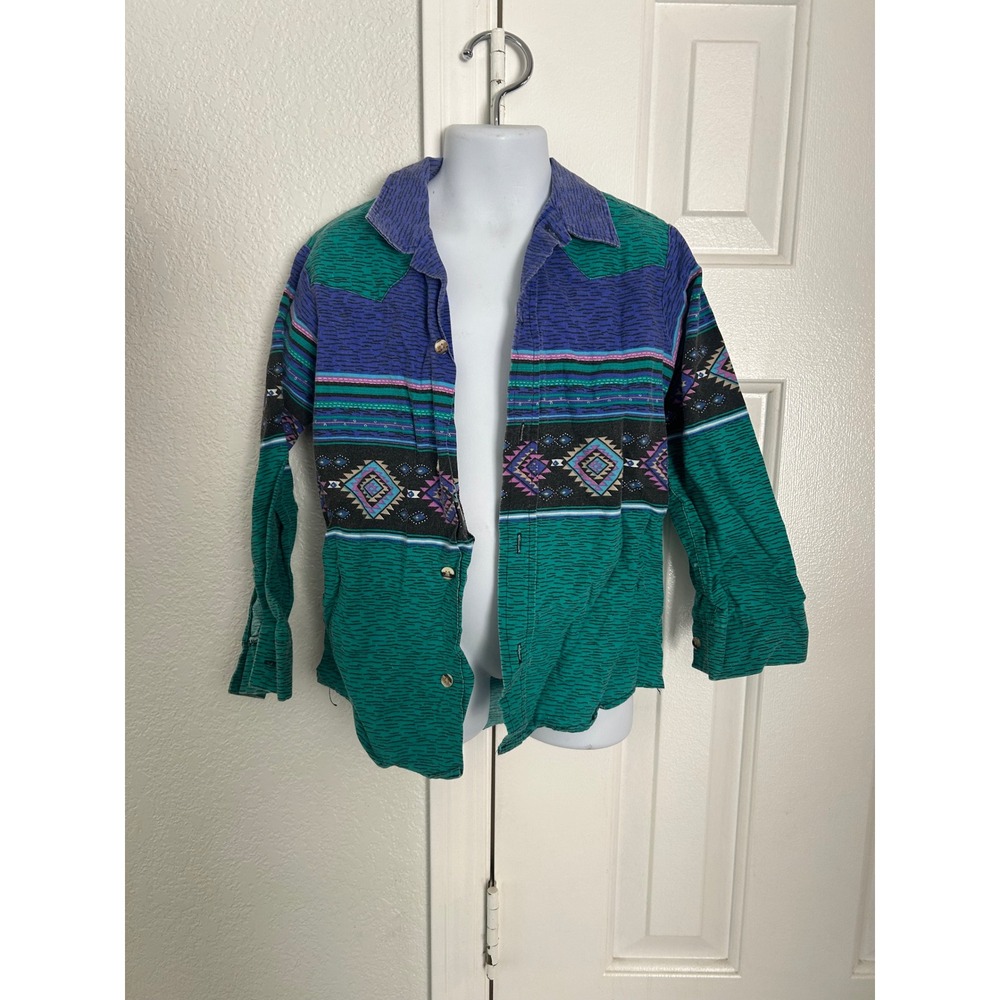 Western Frontier Kids Vtg Southwestern Tribal Button Down Shirt Teal Purple 6